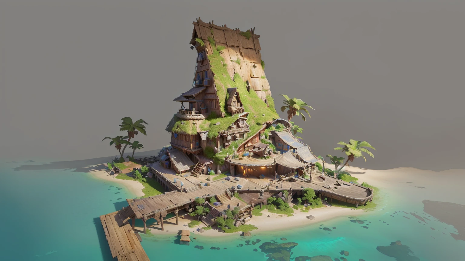 Alafid Island with a wooden bridge and a small house, 3D rendering style, stylized concept art, Depicted as game concept art, Concept art is very detailed, Roland Zilvinsky 3D Rendering Art, Stylized 3d rendering, Created by senior environment artists, environment design illustration, Concept art style, Detailed digital concept art, Concept Art Illustration