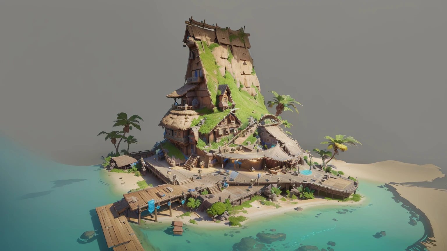 Alafid Island with a wooden bridge and a small house, 3D rendering style, stylized concept art, Depicted as game concept art, Concept art is very detailed, Roland Zilvinsky 3D Rendering Art, Stylized 3d rendering, Created by senior environment artists, environment design illustration, Concept art style, Detailed digital concept art, Concept Art Illustration