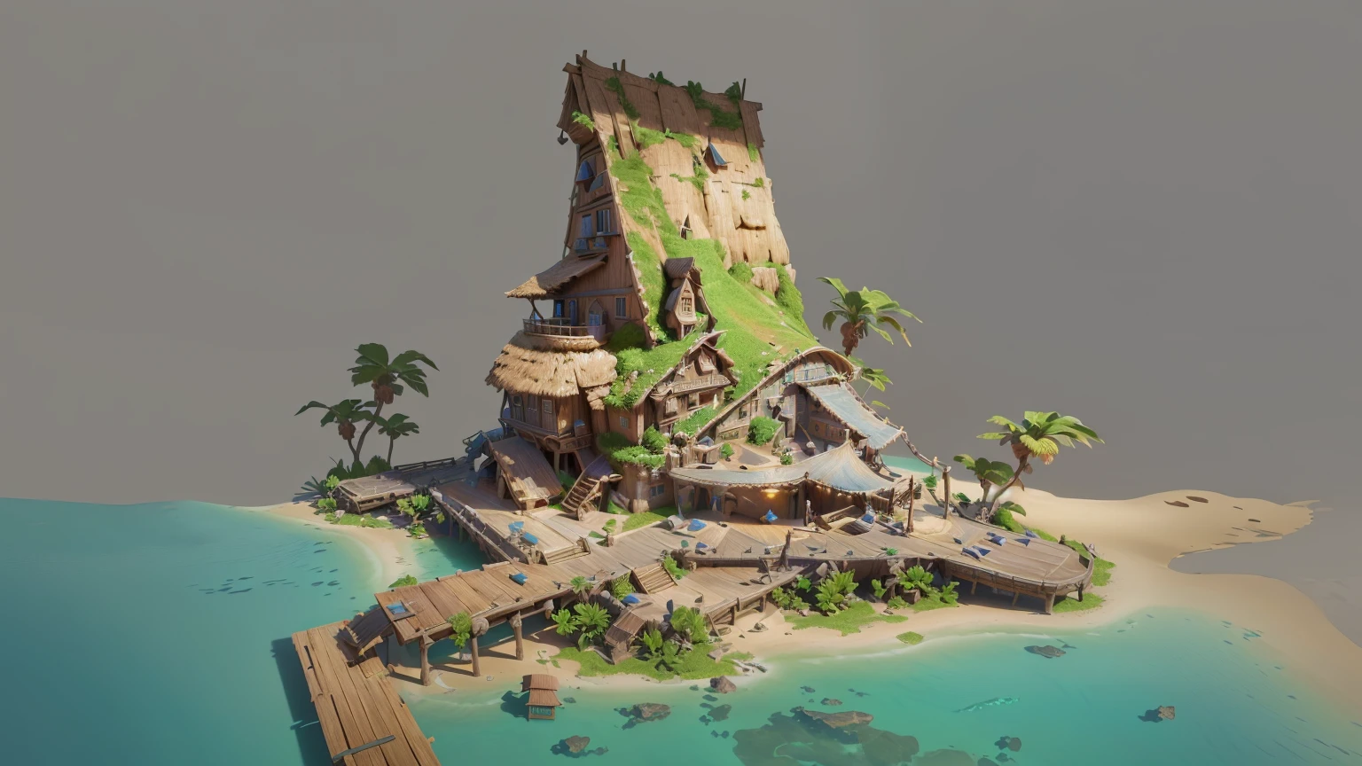 Alafid Island with a wooden bridge and a small house, 3D rendering style, stylized concept art, Depicted as game concept art, Concept art is very detailed, Roland Zilvinsky 3D Rendering Art, Stylized 3d rendering, Created by senior environment artists, environment design illustration, Concept art style, Detailed digital concept art, Concept Art Illustration