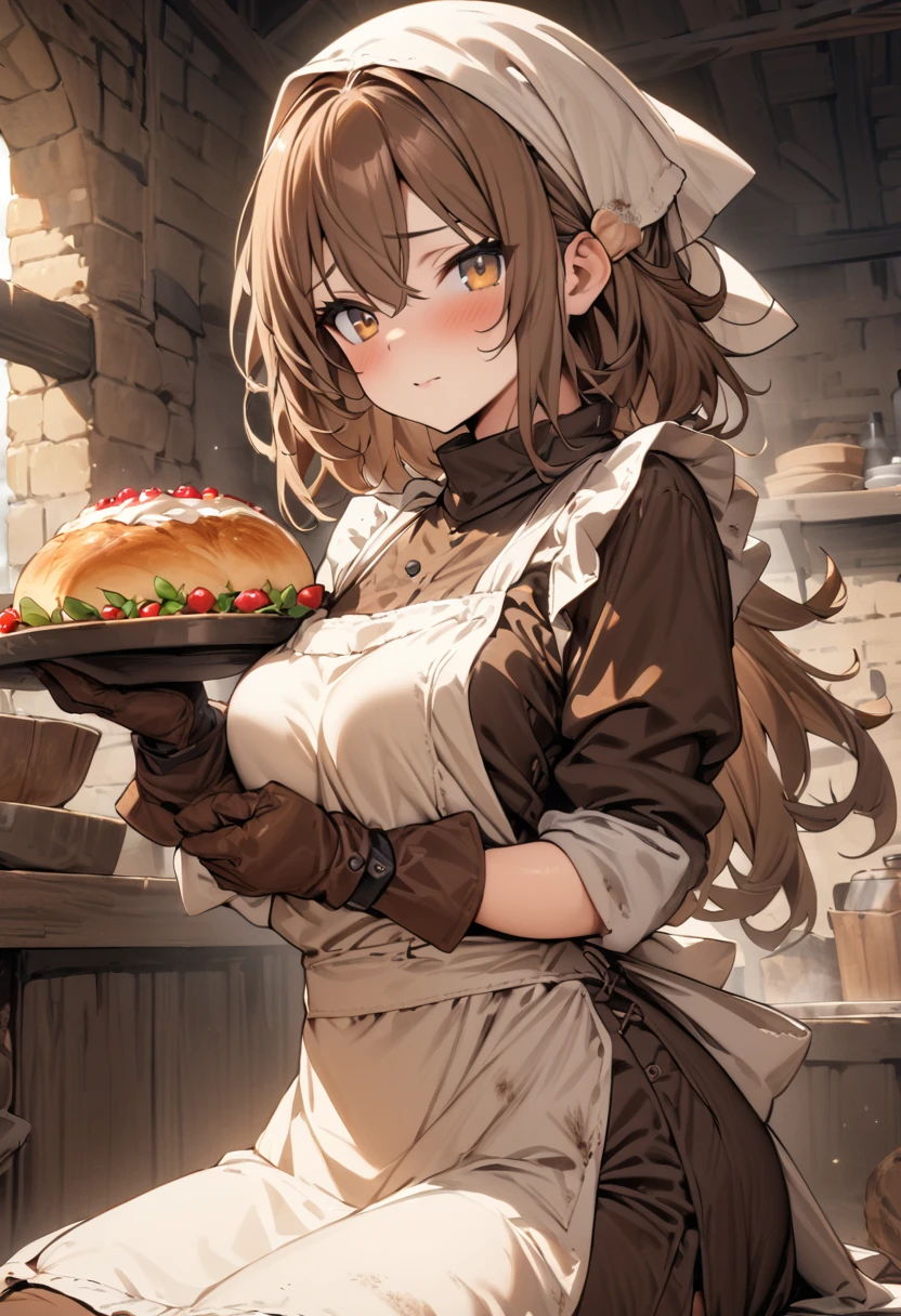 (masterpiece:1.2),(best quality:1.2),(masterpiece, best quality, ultra-high resolution), (1girl), medieval baker, brown hair, warm hazel eyes, toasted skin, humble dress and dirty apron, headscarf and baker's gloves.