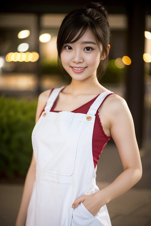 a gorgeous lady, age 22, in a white Pinafore dress, standing under night sky, dimpled smile, short ponytail, in a natural pose, photorealistic, beautiful detailed eyes, ample round bosom, hyper-realism, high contrast, ultra HD, realistic skin textures, top image quality, top-quality, super high resolution, fine details, very meticulously, bokeh background