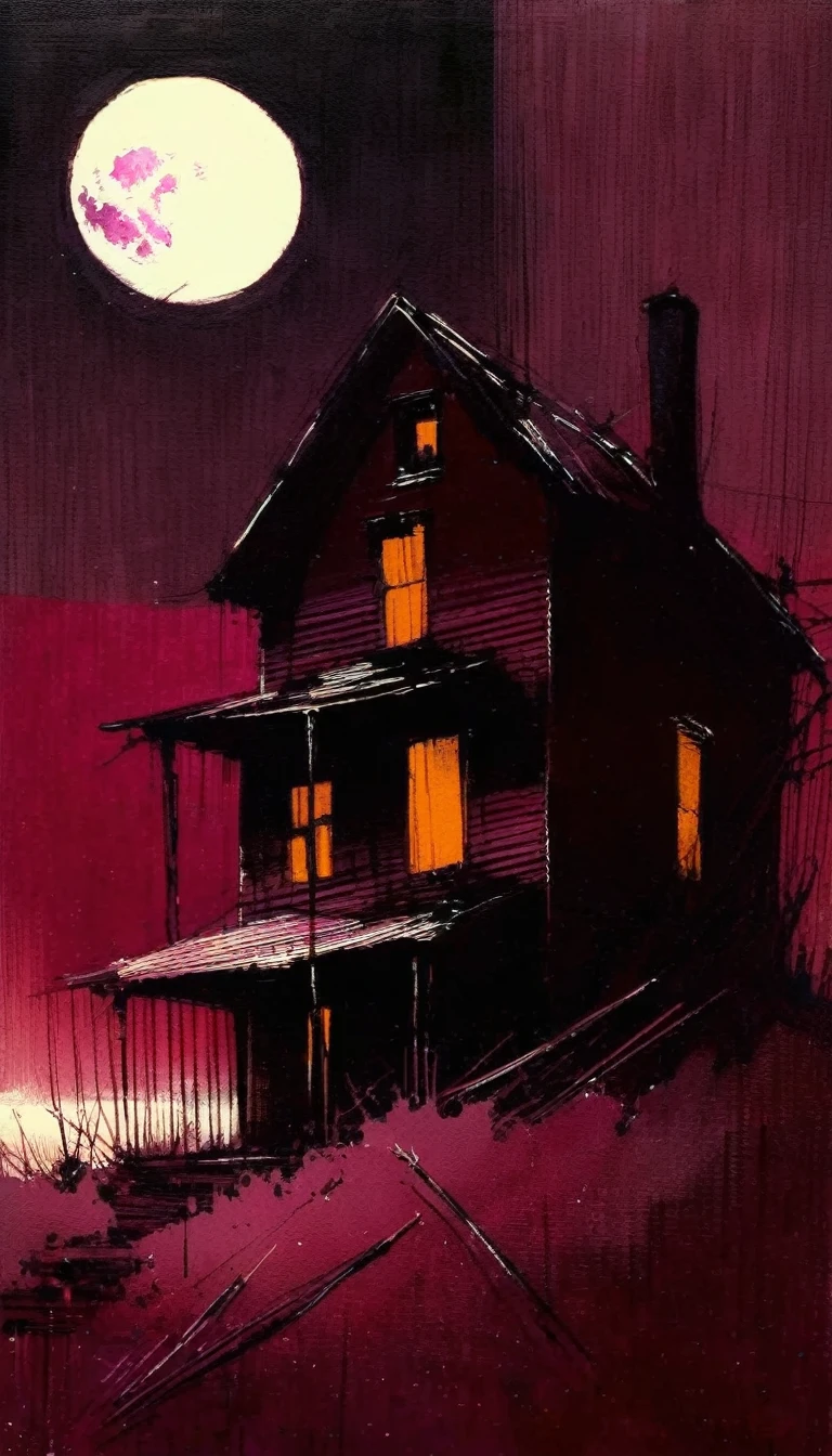 abandoned house and moon, maroon tones, simple drawing,(art inspired by Bill Sienkiewicz,). oil painting)
