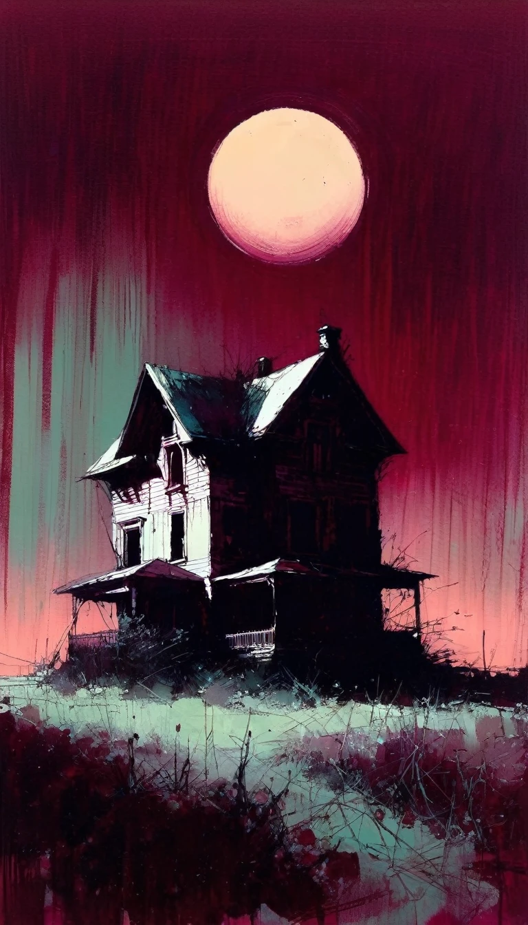 abandoned house and moon, maroon tones, simple drawing,(art inspired by Bill Sienkiewicz,). oil painting)
