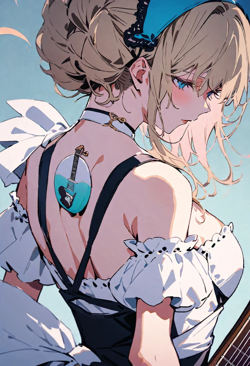 ((Back view)),masterpiece, highest quality, Illustration of the novel, High resolution, 18+ Adult content, Sensual, Intimate, Emotional, Passionate, romantic, sweet, Adorable, Innocent, Pure, Charmな, Charmな, Charm, Mysterious, Charmな, Charmな, Immersive, Charmな, dream-like, Surreal, Imaginative, Whimsical, artistic, Avant-garde, timeless, elegant, Sophisticated, chic, Sophisticated, personality, original, Charmな,((Maid clothes:1.3)),(guitarist:1.3)、Female Band、live、((Upper Body:1.3))