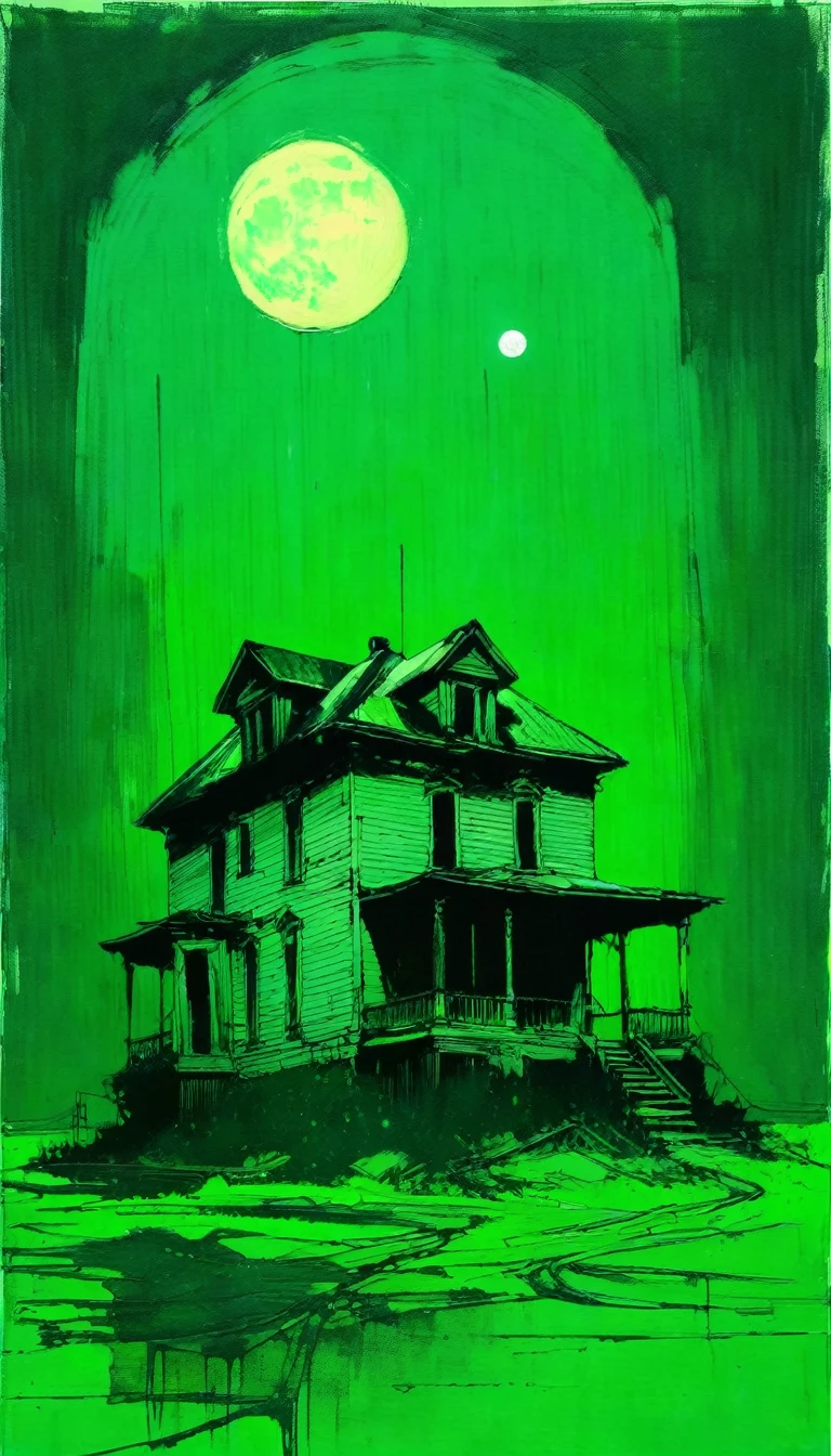 abandoned house and moon, green tones, simple drawing,(art inspired by Bill Sienkiewicz,). oil painting)
