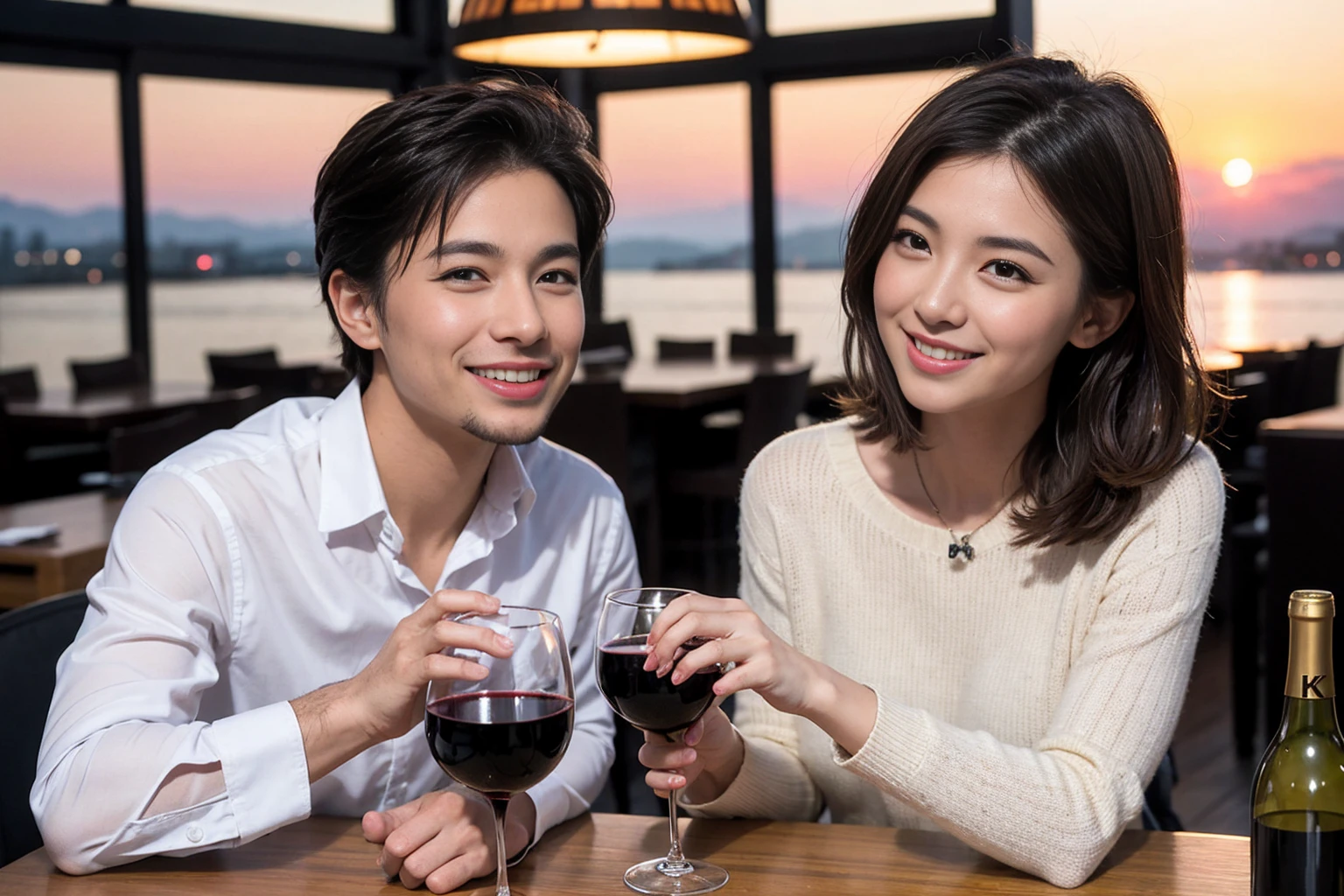 ((highest quality、8k、masterpiece:1.3))、 (Genuineistic, Genuine、Bright image、Intricate details:1.2), 最高のsmile 男性1人 女性1人、Beautiful Couple、spouse、Couple、spouse、actress、モデルCouple、smile、full-course dinner、 (Slim face), (the body is slim), (Brown Hair), (short hair), テーブルの上のwine glass、Please shine a light on my face、 Amazing view of the sunset sky and clouds、 (Age 35), 39 years old, red wine 、Appetizers、Wine bottle、sparkling wine、Long sleeve shirt、dress、White wine, red wine, wine glass,