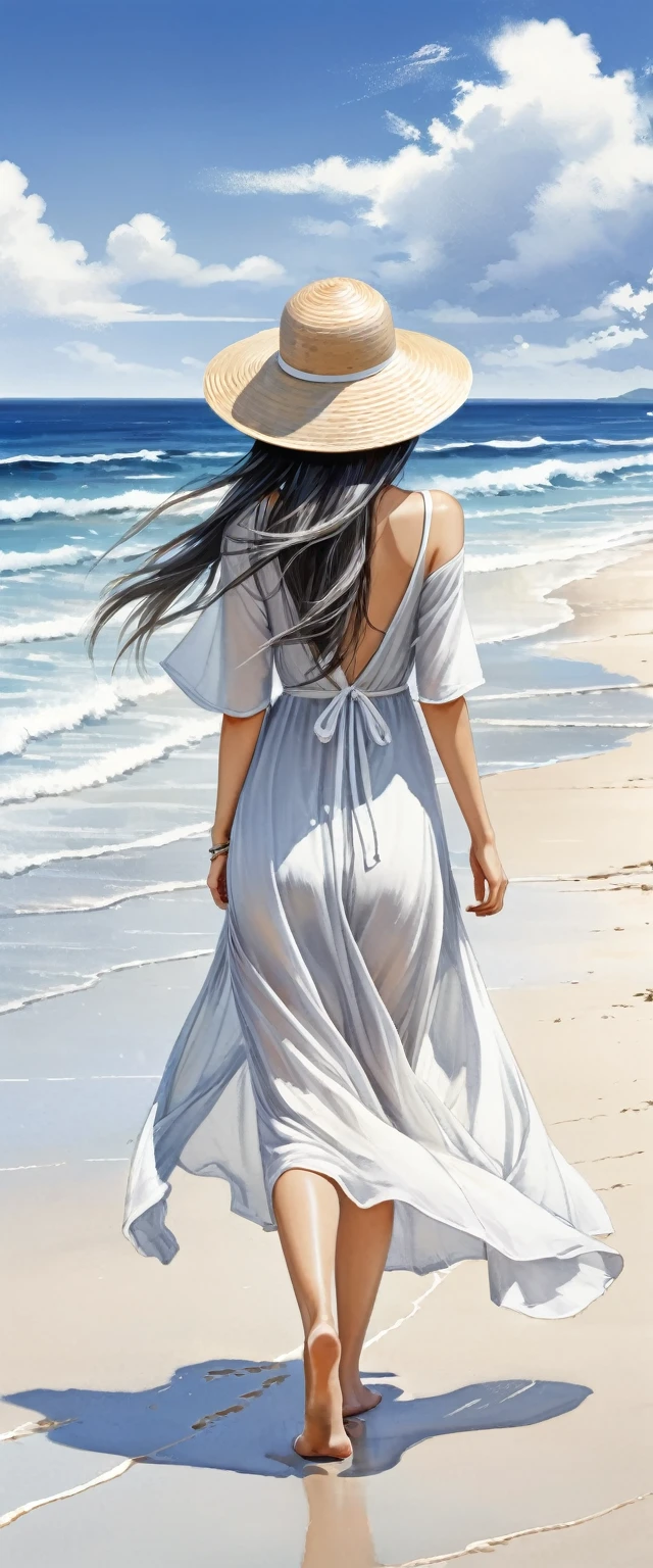 Transparent needle pen ink painting of fine white sand beach,An oriental girl with flying long hair,Fair and delicate skin.Silvery gray highlighted hair color.long hair,Fashionable straw hat with sunshade.Show most of your face.Real person presents minimalist style .White thin shoulder V-neck low-cut dress,Turn your back to the lens.Looking towards the sea,barefoot.Footprints left on the beach.Full body picture,Blue sky and white clouds,Looking at the sea with small waves,