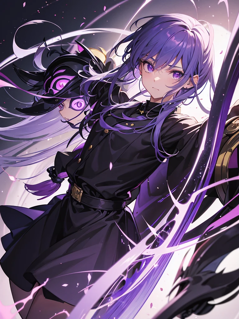 chico peli morado, with purple eyes mask , chaqueta, y que convine con sus zapatos y todo de color oscuro como la obsidiana y morado, One of his eyes has a blue symbol in the pupil and one of his arms is dark like obsidian and completely purple as if a shadow energy of magic was covering it. , anime. a mask that only covers the mouth like a mask and I want it to have style, not like a hero, and the background is a city and the character has to be a man.