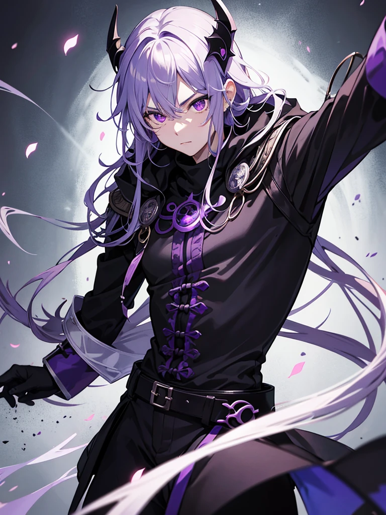 chico peli morado, with purple eyes mask , chaqueta, y que convine con sus zapatos y todo de color oscuro como la obsidiana y morado,  One of his eyes has a blue symbol in the pupil and one of his arms is dark like obsidian and completely purple as if a shadow energy of magic was covering it. , anime.   a mask that only covers the mouth like a mask and I want it to have style, not like a hero, and the background is a city and the character has to be a man.