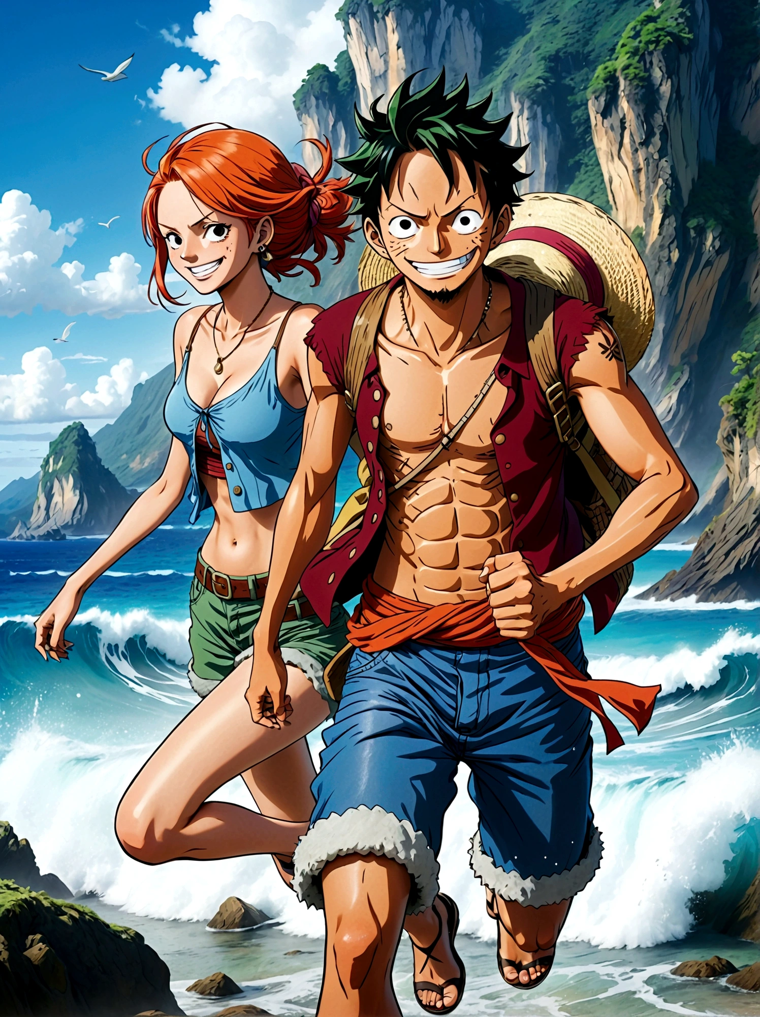 Japanese anime One Piece, Create an expansive illustration reminiscent of a popular action-adventure anime series. It should feature a diverse group of daring explorers. Each character is unique in their own way. One is a lanky man with spiky black hair, wearing a red vest, blue shorts, and a straw hat. His cheerful attitude and love for adventure is evident in his wide grin. Another character is a man with slicked-back, shoulder-length light moss green hair, wearing fine burgundy attire, his gravity and maturity reflecting through his demeanor. The third character is a young woman with beauty and grace, she has orange hair and is seen sporting a simple vest and a mini skirt. A captivating blue sea spans the entire background, adding to the whole dangerous yet exciting vibe of the setting.