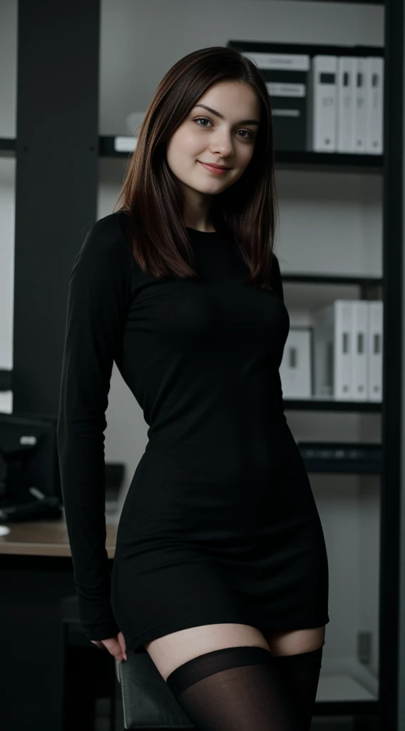 Best Quality, Full Body Portrait, Cinematic Texture Shot, Exquisite Face, Beautiful Face, 20 Year Old Woman, Smiling, Slim Figure, Small Bust, OL Uniform, Office Wear, Black Stockings, Interior Scene, Office, Seated