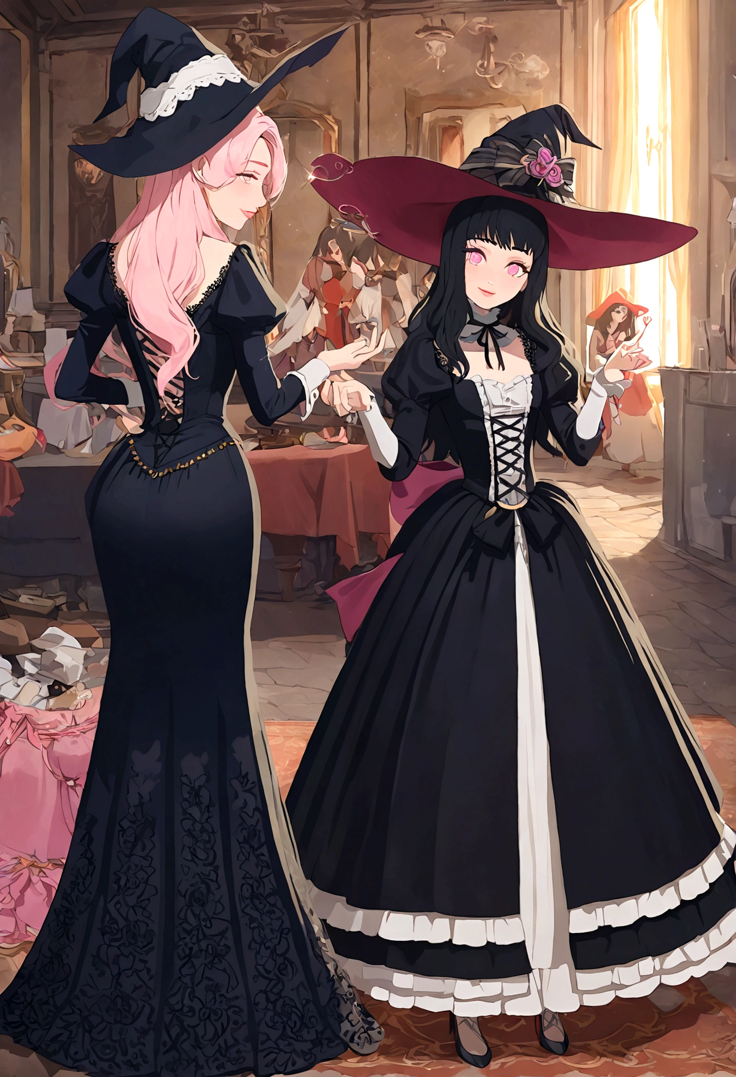 best quality,ultra-detailed,pink-eyed,long-haired girl looks happy,beautiful detailed eyes,beautiful detailed lips,long eyelashes,best quality portrait painting,detailed,physically-based rendering,ultra-fine painting,fine details,painting,a teenage boy has joined a witch coven and gets magically transformed into a cute teenage witch girl,gender bending,witches are helping dressing up the new girl, who’s happily getting dressed in a stunning black victorian dress, physically-based rendering,gorgeous dress design,flowing gown,elaborate lace details,rich textures,contrast stitching,delicate ribbon bows,floral accents,full skirt,high neckline,long sleeves,fitted waistline,flared cuffs,lace-up back,luxurious fabrics,flawless silhouette,high heels, pink-eyed girl,effeminate face,pointy hat,long black hair,witches assisting in dressing up the new girl,promptly helps the new girl getting dressed in a stunning black Victorian dress, in a old abandoned castle with worned out furniture and occultist witch symbol, high resolution, 4K, 8K