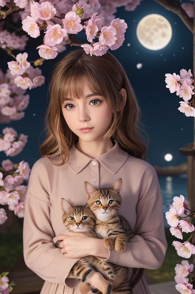 highest quality,Super detailed,Realistic,photoRealistic:1.37,Small brown tabby kitten, Big eyes, darkness, Fluffy fur, , Fantasy, Peaceful atmosphere, Cherry Blossoms at Night, Bright flowers, Distant Moon, Gentle Breeze, Quiet environment, Soft Shadows, playful mood, Vibrant colors，outside，Looking at the moon，Scattered cherry blossom petals，