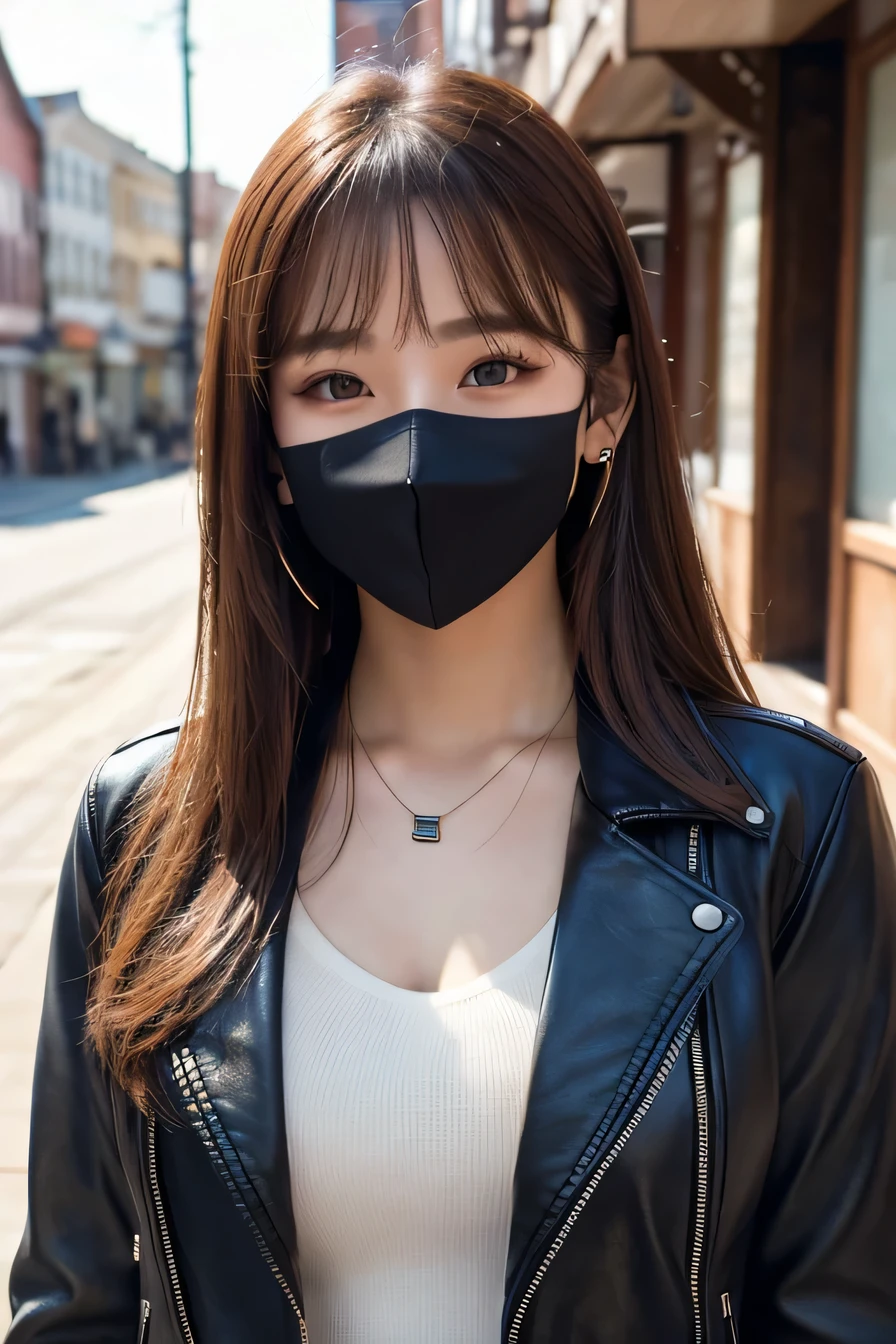 Beautiful Young Woman of the Year、 Korean women、Brown Hair、Necklace around the neck、leather jacket、shirt、Mask on mouth、Intricate details, Very detailed:1.2), 、 Looking into the camera,The background is the town、ear piercing