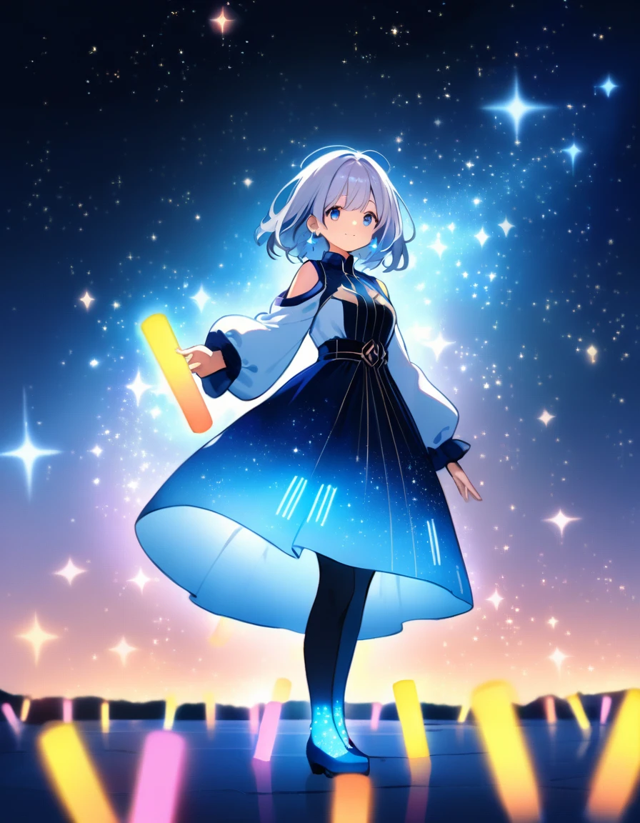 ((((Ethereal atmosphere, starry sky))), 1girl, singing, (standing pose), ((celestial clothing)), (silver hair), (glowing blue circuits), (long sleeves), (glowstick), (tiny stars around head), (starry background), (cosmic lights in the sky), (sparkling blue aura), (tiny stardust within aura), (tiny crystals on shoulder), (star-shaped earrings), (crystals on feet), ((wide shot)), facing viewer ((half-turned)), (arms relaxed), (looking down at feet), (music notes floating around), (song wavy lines near feet), (stars within aura),  big smile, (joyful eyes), (aurora-like glow on fingers), (tiny sparks shooting from fingers), (cosmic lights around), background starry night)