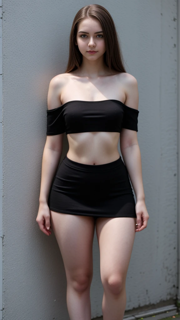 RAW photo, photo of overweight 15 year old teen, (long brunette hair), (tight skirt), (red off shoulder top), standing outdoors, pale white skin, thick thighs, freckles, blemishes, lipstick, ((short height, broad shoulders, ((wide ???? and waist)), ((chubby:1.3))