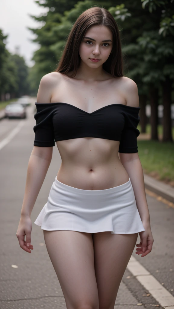 RAW photo, photo of overweight 15 year old teen, (long brunette hair), short skirt, standing outdoors, pale white skin, freckles, blemishes, lipstick, ((short height, broad shoulders, wide hips and waist)), ((chubby:1.3)), pawg