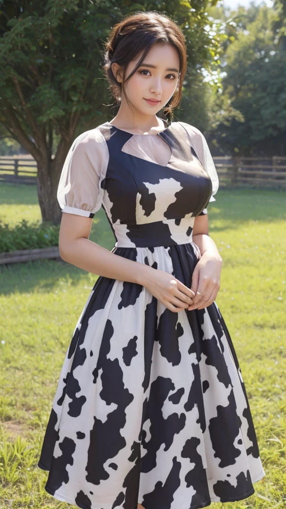 cow patterned dress, Beauty, Surrounded by lots of cows around, closeup