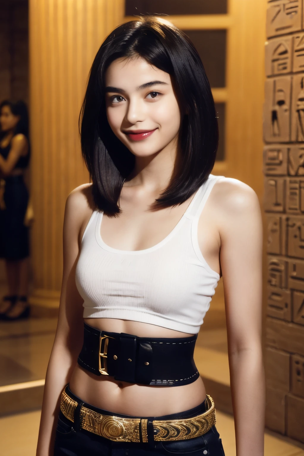 244 (An 18-year-old female and an 18-year-old male), short hair,kind, lipstick, Egyptian civilization, Waist belt, Hieroglyphics, smile
