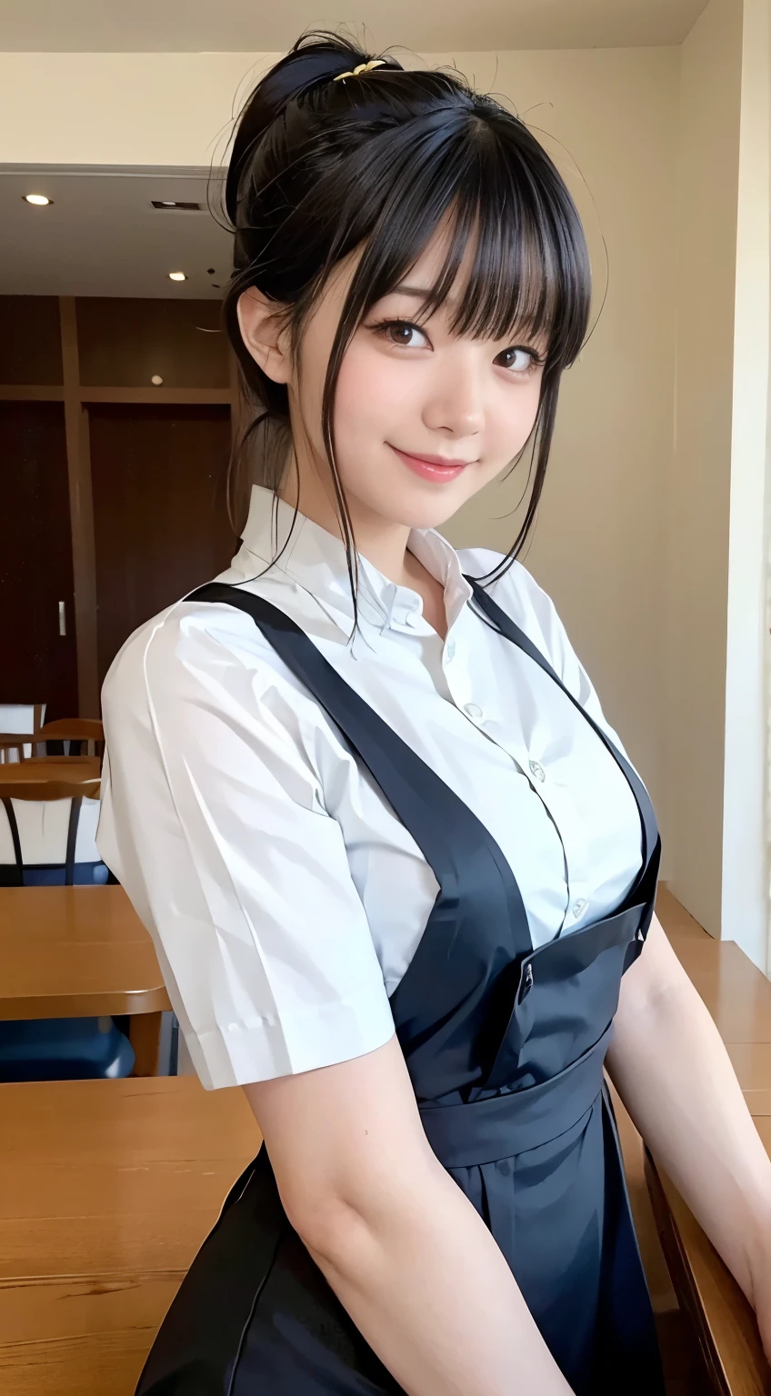 (highest quality,masterpiece:1.3,Ultra-high resolution,),(Very detailed,Caustics),(Realistic:1.4,RAW shooting,)Ultra-Realistic Capture,Very detailed,High resolution 16K human skin closeup。 Natural skin texture、,pores、、、、It must be detailed enough to be easily identifiable。 Skin tone is even and healthy looking。 Use natural light and color,restaurant,Waitress Uniform,1 girl,Japanese,18-year-old,cute,Black-haired,ponytail,Big Breasts,smile,Turn your body forward,(Front view:1.1),Looking into the camera,Cowboy Shot,