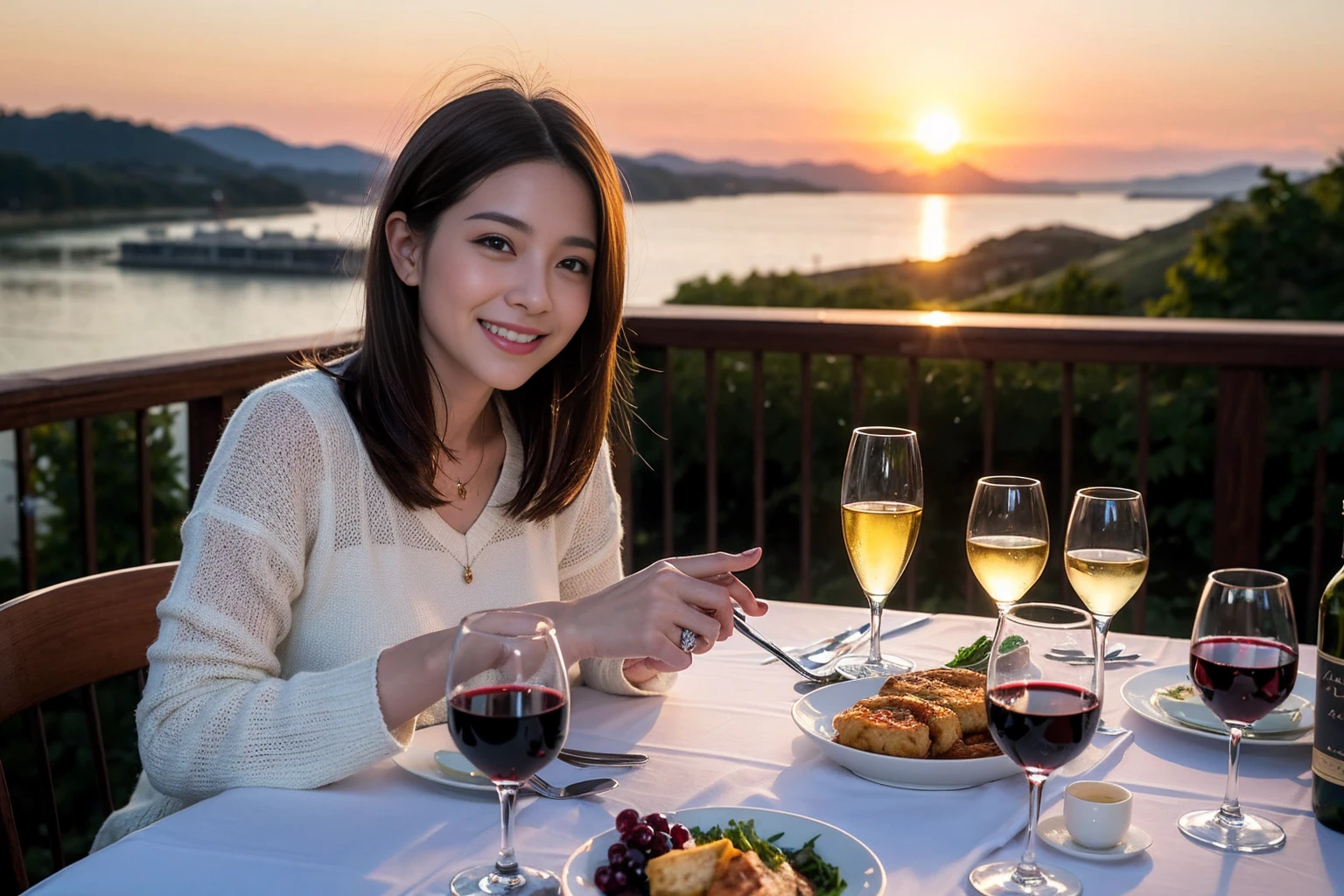 ((highest quality、8k、masterpiece:1.3))、 (Genuineistic, Genuine、Bright image、Intricate details:1.2), 最高のsmile 男性1人 女性1人、Beautiful couple、spouse、Engaged Couple、family、actress、smile、full-course dinner、 (Slim face), (the body is slim), (Brown Hair), (short hair), テーブルの上のwine glass、Please shine a light on my face、 Amazing view of the sunset sky and clouds、 (Age 37), 41 years old, red wine 、Appetizers、Wine bottle、sparkling wine、Long sleeve shirt、dress、White wine, red wine, wine glass,