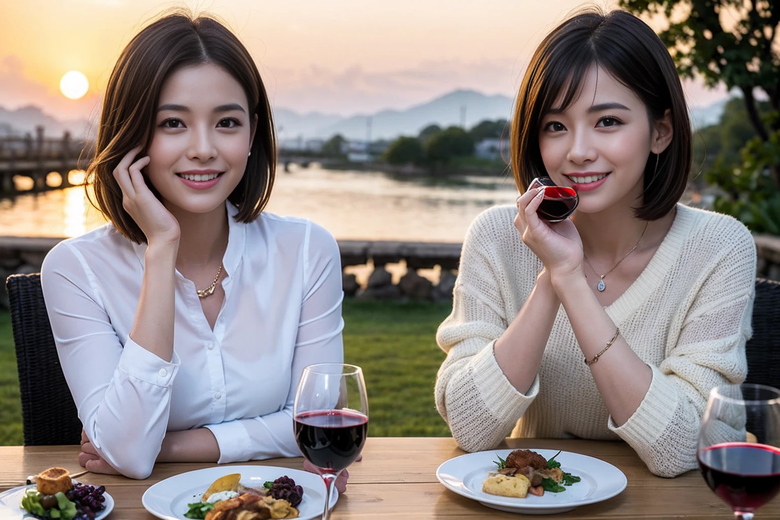 ((highest quality、8k、masterpiece:1.3))、 (Genuineistic, Genuine、Bright image、Intricate details:1.2), 最高のsmile 男性1人 女性1人、Beautiful couple、spouse、Engaged Couple、family、actress、smile、full-course dinner、 (Slim face), (the body is slim), (Brown Hair), (short hair), テーブルの上のwine glass、Please shine a light on my face、 Amazing view of the sunset sky and clouds、 (Age 37), 41 years old, red wine 、Appetizers、Wine bottle、sparkling wine、Long sleeve shirt、dress、White wine, red wine, wine glass, 