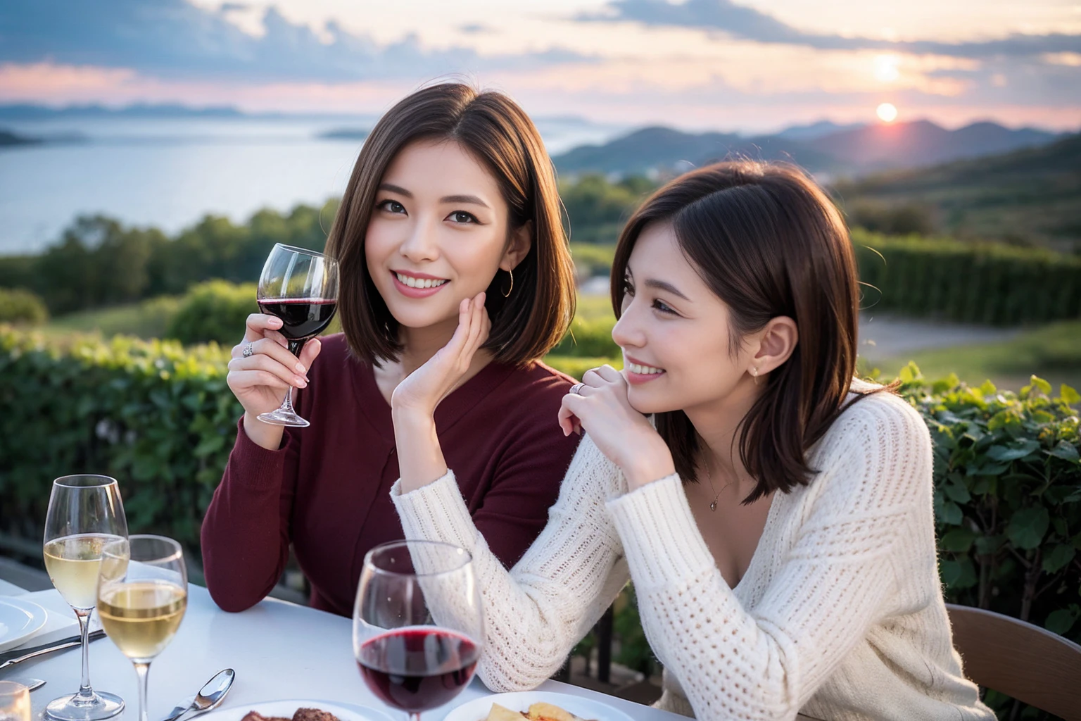 ((highest quality、8k、masterpiece:1.3))、 (Genuineistic, Genuine、Bright image、Intricate details:1.2), 最高のsmile 男性1人 女性1人、Beautiful couple、spouse、Engaged Couple、family、actress、smile、full-course dinner、 (Slim face), (the body is slim), (Brown Hair), (short hair), テーブルの上のwine glass、Please shine a light on my face、 Amazing view of the sunset sky and clouds、 (Age 37), 41 years old, red wine 、Appetizers、Wine bottle、sparkling wine、Long sleeve shirt、dress、White wine, red wine, wine glass,