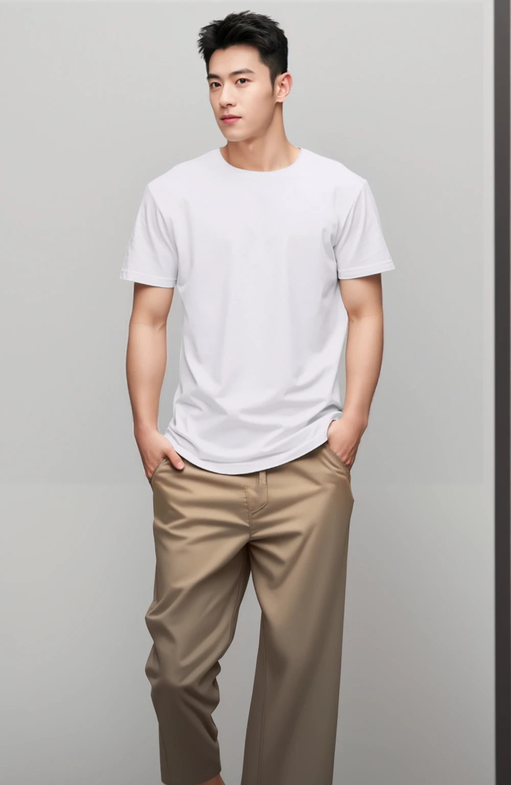 A Korean male model is wearing an oversized white t-shirt with no wrinkles on his chest and back, short sleeves, round neck, solid color, loose fit shorts. The background of the photo studio should be gray to highlight details. This will create a simple yet elegant look that perfectly blends comfort and style in everyday wear. High resolution photography