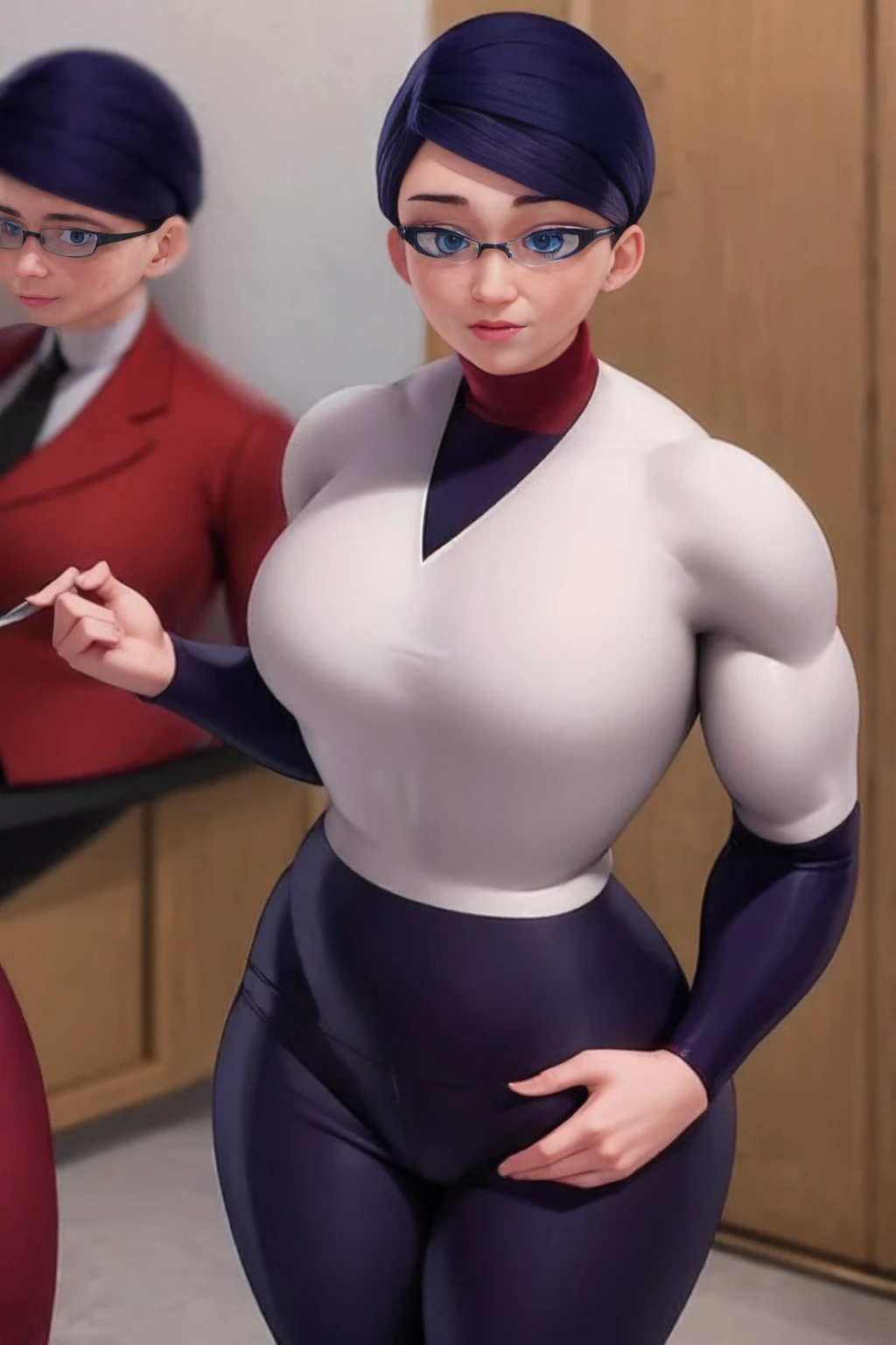 a muscular female bodybuilder in office suit, detailed face, beautiful detailed eyes, beautiful detailed lips, extremely detailed face and muscles, long eyelashes, strong muscles bulging through suit, dynamic pose, professional studio lighting, hyperrealistic, 8k, high quality, photorealistic, physically-based rendering, concept art, dramatic color palette