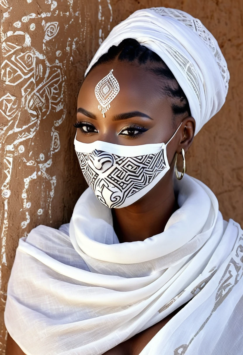 Mujer africana vestida con un vestido blanco y una bufanda blanca, with african design tattoos on the face, una pared de esculturas de laberinto blanco en el fondo, imagen ultra HD, beautiful cinematographic images, 