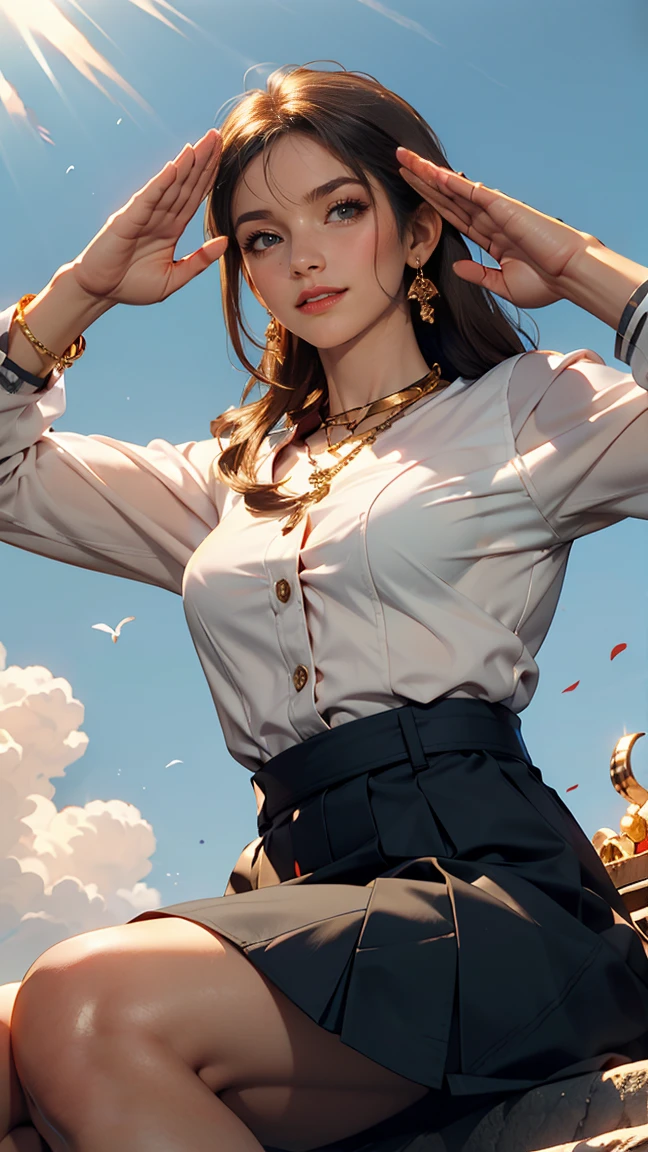 White long sleeve button up blouse_With collar_Remove up to the second button＿Brown pleated mini skirt、Long straight hair_Hair reaching down to the waist、gold necklace＿Large earrings、shy smile、sitting with her back to the top of the mountain_with blue sky and white clouds，rays of sunshine、((salute:1.3)),((look down at the viewer,from below:1.5)),