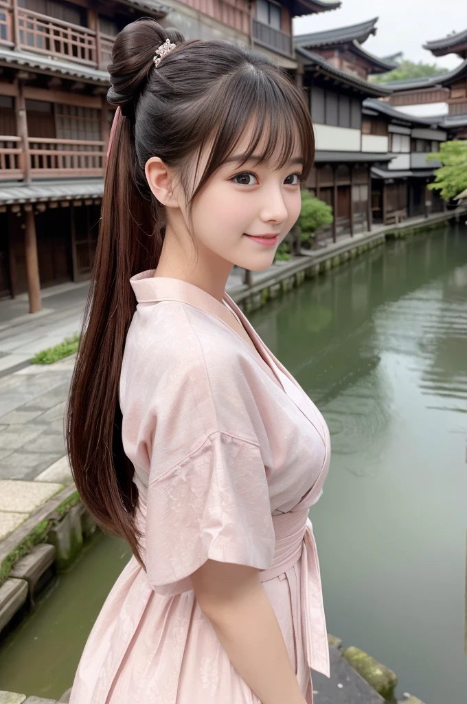 Japanese women、26 years old、princess、Hairpin、Bun Head、Pink kimono、Brown Hair、ponytail、bangs、(RAW shooting, Photorealistic:1.5, 8k, highest quality, masterpiece, Ultra-high resolution), ((The background is the streetscape of the Edo period.、Old house、River side、))、Farmer、Rural Scenery、countryside、Highly detailed skin and facial textures:1.2, Cute like an idol、aesthetic, Cute and sexy beauty, Perfect Style:1.2, Fair skin, Very beautiful face, Glowing White Skin, (Mid-chest)、Dutch Angle、Low - Angle、Shooting from the side、Walking、smile、