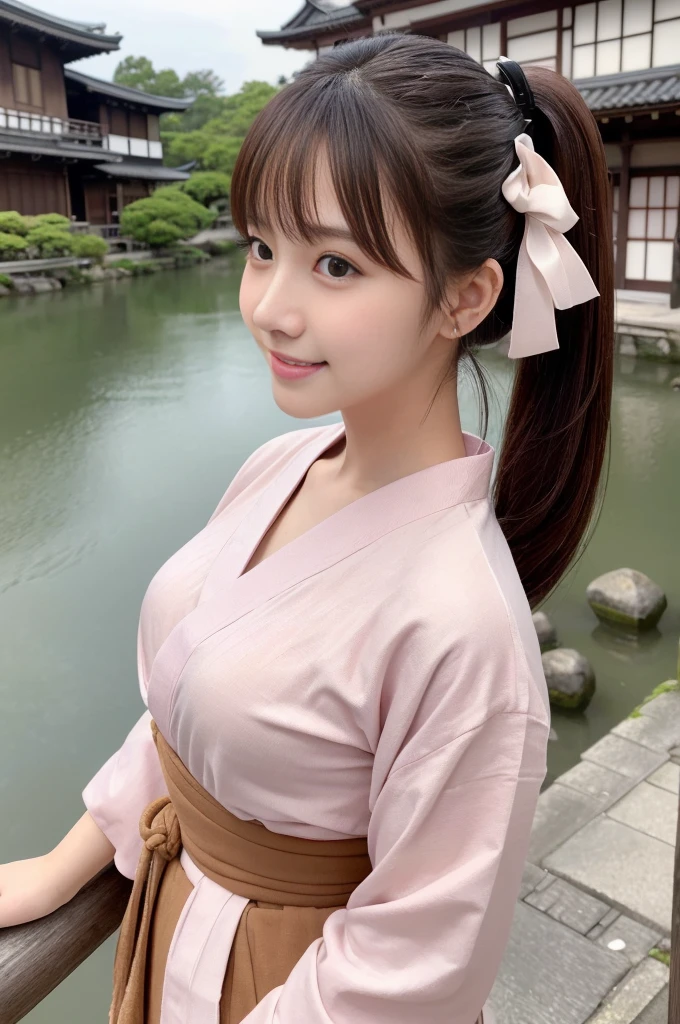 Japanese women、26 years old、princess、Hairpin、Bun Head、Pink kimono、Brown Hair、ponytail、bangs、(RAW shooting, Photorealistic:1.5, 8k, highest quality, masterpiece, Ultra-high resolution), ((The background is the streetscape of the Edo period.、Old house、River side、))、Farmer、Rural Scenery、countryside、Highly detailed skin and facial textures:1.2, Cute like an idol、aesthetic, Cute and sexy beauty, Perfect Style:1.2, Fair skin, Very beautiful face, Glowing White Skin, (Mid-chest)、Dutch Angle、Low - Angle、Shooting from the side、Walking、smile、