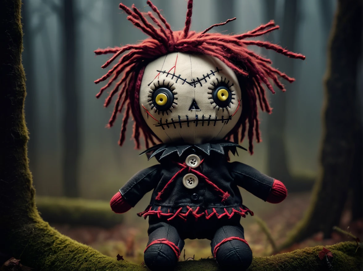 (knitted toy voodoo doll:1.8), pricked with needles, button eyes in the shape of triangles, gloomy atmosphere, background - dark, ominous forest with fog, gothic aesthetics, a sense of mystery and magic, best quality, masterpiece, soft oil painting, detailed background, dramatic cinematic lighting, soft edge lighting, professional, dramatic lighting, hard edge lighting, ultra quality, 4k, masterpiece, best quality, 8k, super high definition, high definition, extremely detailed