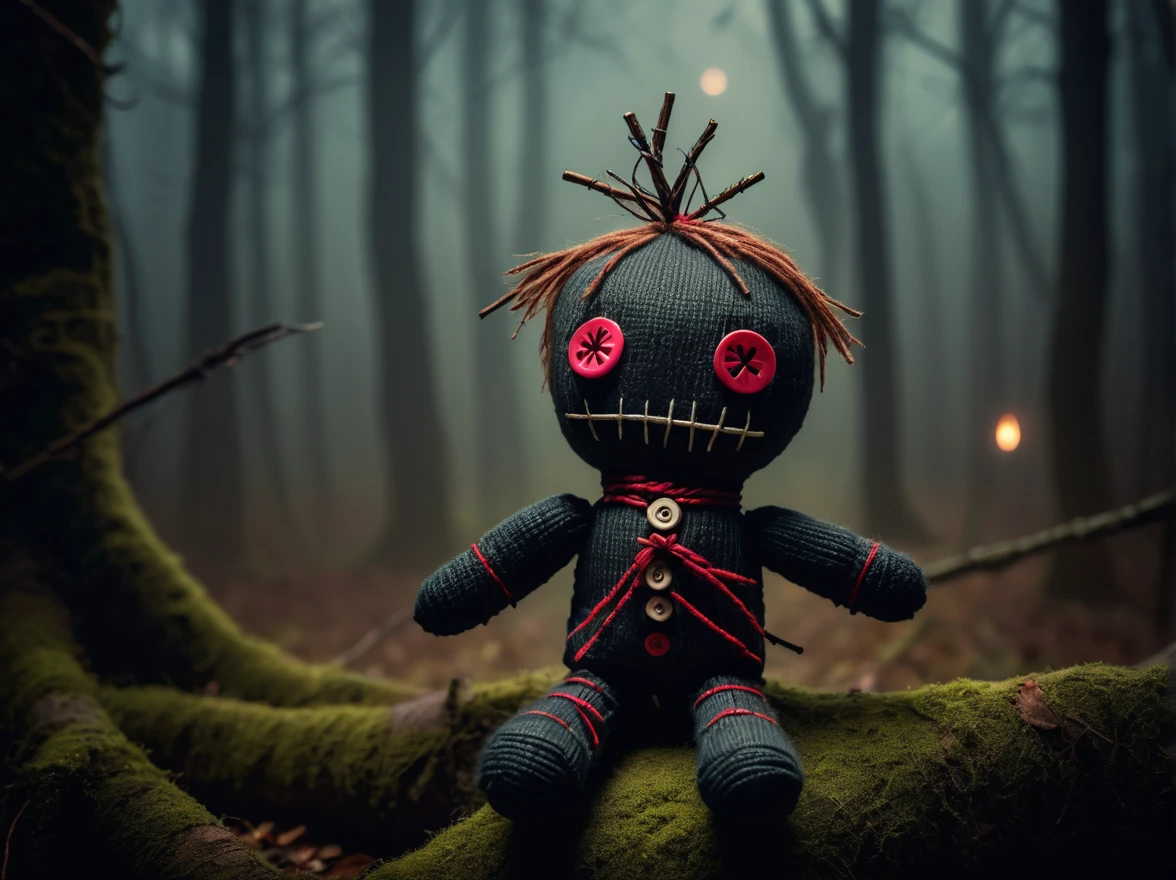 (knitted toy voodoo doll:1.8), pricked with needles, button eyes in the shape of triangles, gloomy atmosphere, background - dark, ominous forest with fog, gothic aesthetics, a sense of mystery and magic, best quality, masterpiece, soft oil painting, detailed background, dramatic cinematic lighting, soft edge lighting, professional, dramatic lighting, hard edge lighting, ultra quality, 4k, masterpiece, best quality, 8k, super high definition, high definition, extremely detailed