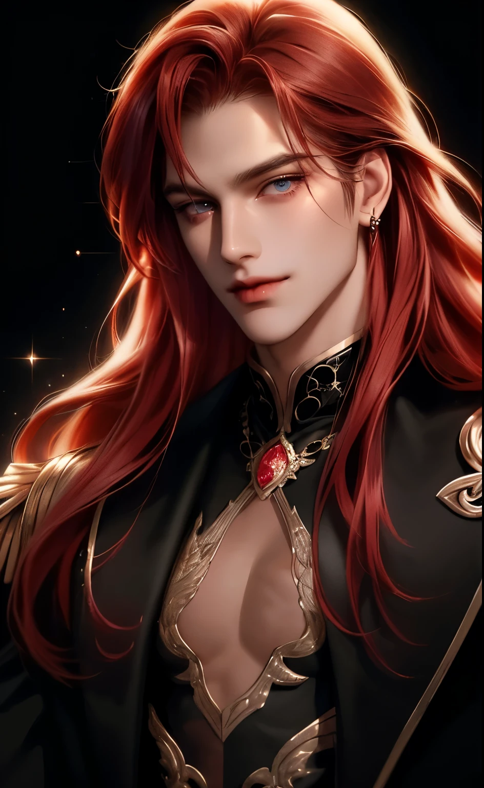 {(Best quality, 8k, Masterpiece, Human development report, Soft lighting, Perfect image, Digital illustration, manhwa art, Very detailed picture, Perfect lines, real)} 1 very handsome man, Long red hair reaching shoulder length , dark red eyes, Luxury clothing (Force the position, He smiles), {(Black background with gold glitter, Unclear)}