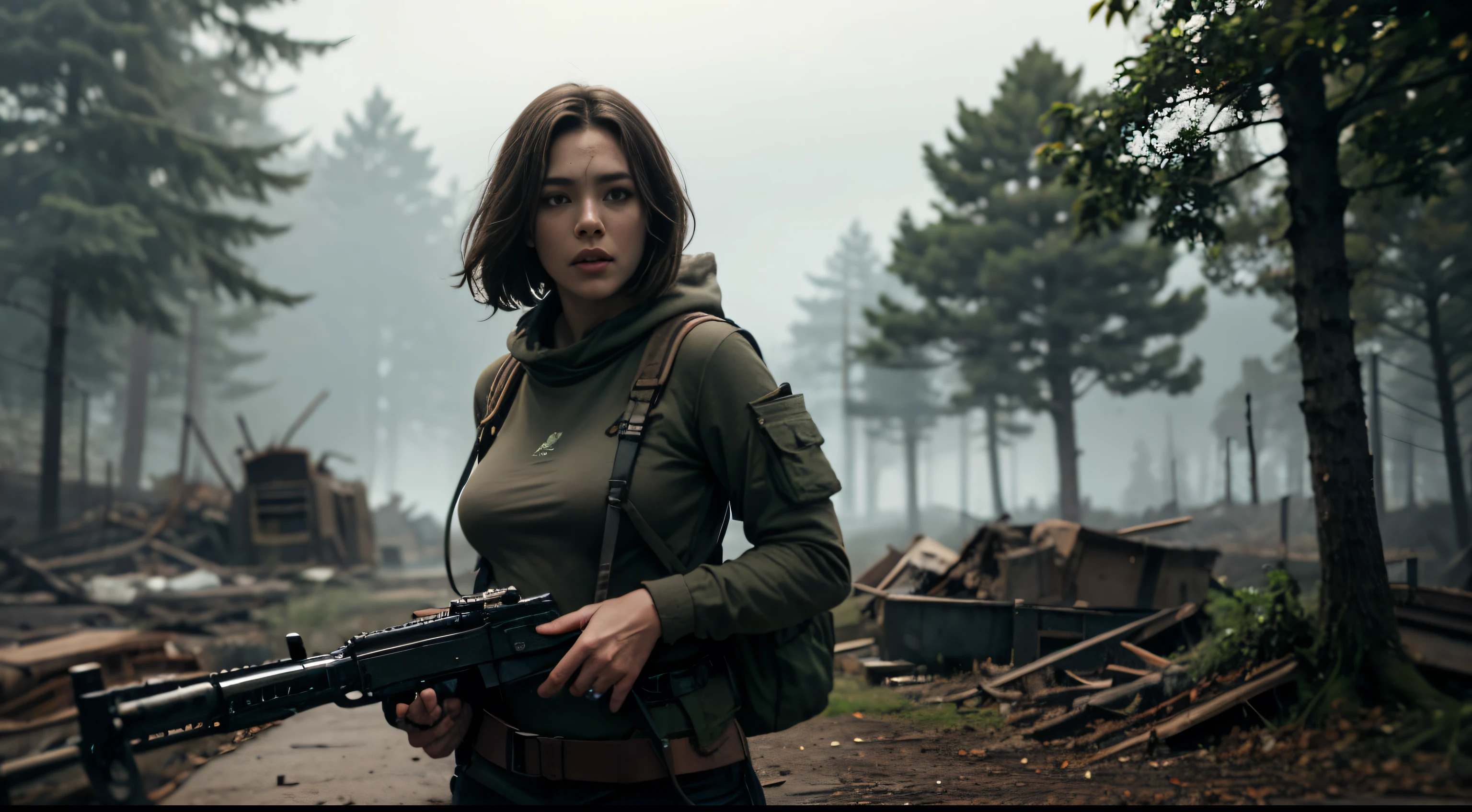 Female, 25 years old, Long brown hair tied up, blue eyes, Comes with a green cargo backpack, Brown sweatshirt, Rifle in hand, 森林destruction, Ultra-realistic cinematic lighting and highly detailed skin textures , Survive, destruction, 8k, Ultra HD | | | | |, (Post-apocalyptic, Post-apocalyptic_character)