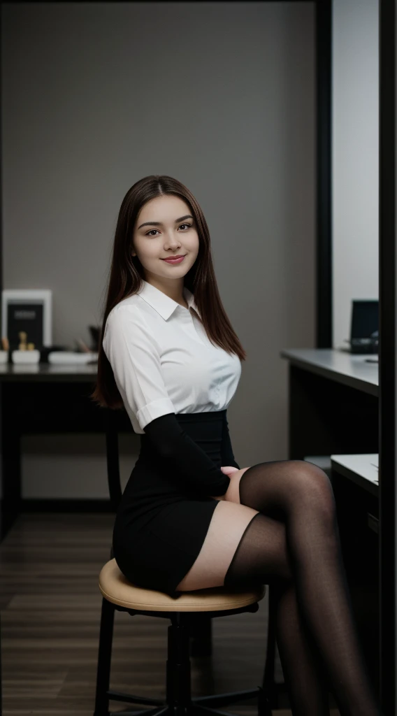 Best Quality, Full Body Portrait, Cinematic Texture Shot, Exquisite Face, Beautiful Face, 20 Year Old Woman, Smiling, Slim Figure, Small Bust, OL Uniform, Office Wear, Black Stockings, Interior Scene, Office, Seated