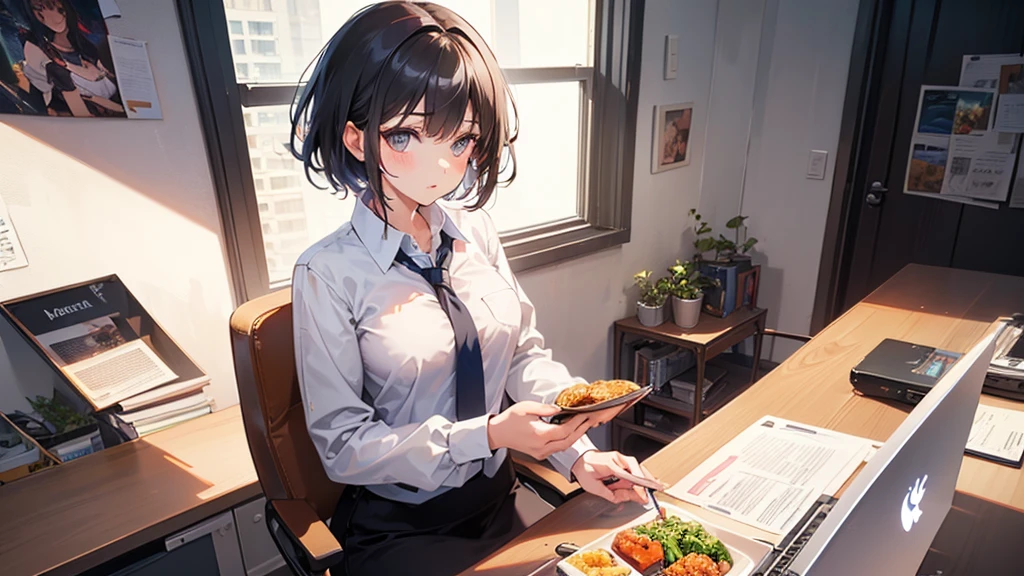 (((1 girl))), masterpiece, highest quality, Ultra-realistic 8k CG, Perfect artwork, Image of a perfect woman, Perfect hands,((Cowboy Shot)) office lady,short hair,(During lunch break),((Sit on a chair)),In the office