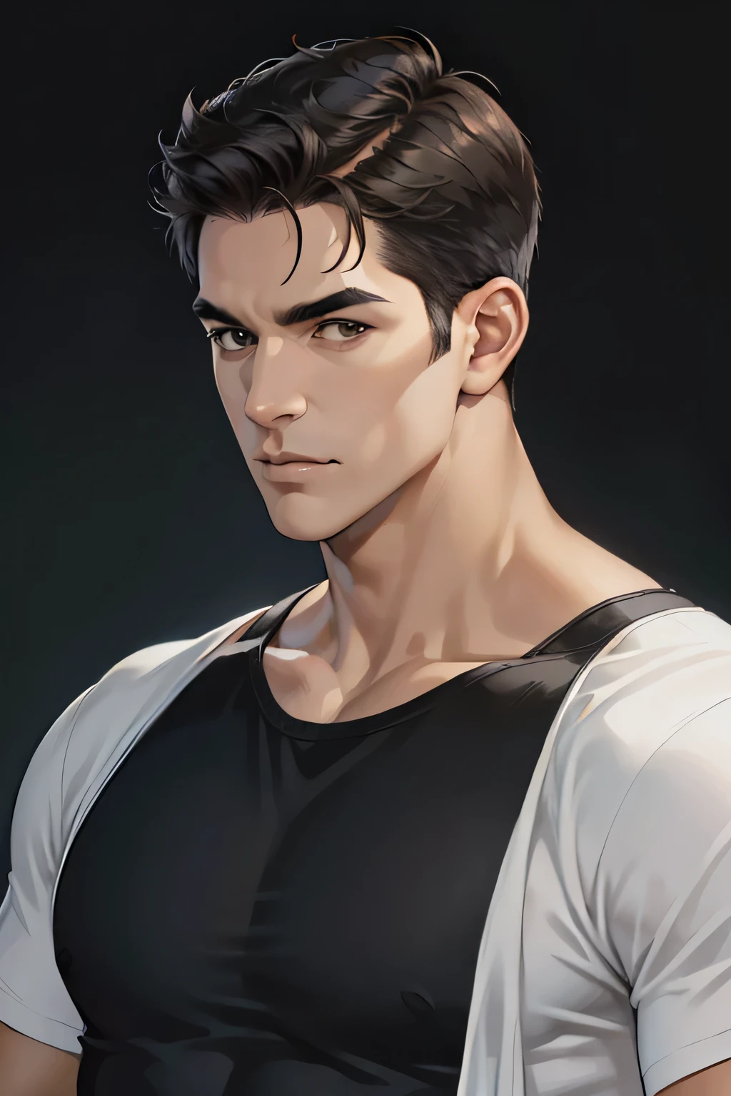 (absurd, a high resolution, Super detailed, realistic, ), 1 man, One, adult, mature, Tall and muscular man, broad shoulders, good looking, short hair, black hair, Brown eyes, square jaw, thick eyebrows, night, dark, black T-shirt, Upper body, portrait, (dark skin) 
