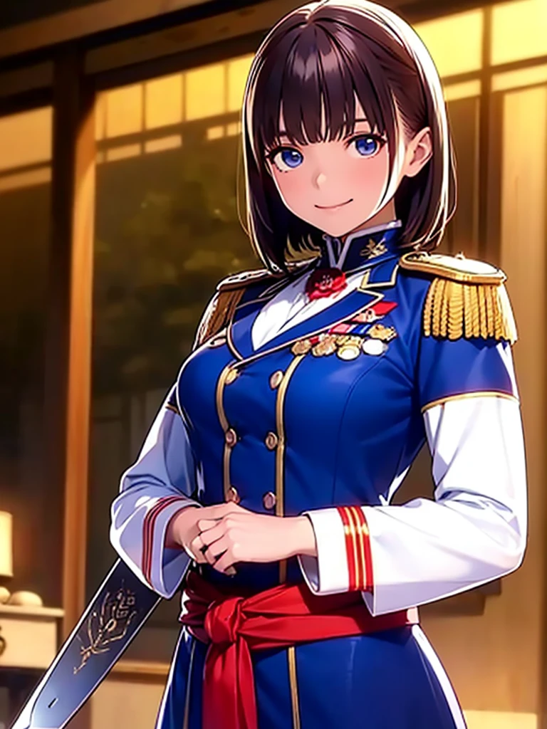8K High Resolution、(((masterpiece)))、Anime Art、20 year old beauty、Fearless smile、Redhead short cut、167㎝、Small breasts、Blue Eyes、Imposing eyebrows、(((crimson military uniform)))、Vienna in the late 19th century、Austrian Army Officer、Silver rose ornament on chest、Hang a Japanese sword on your waist
