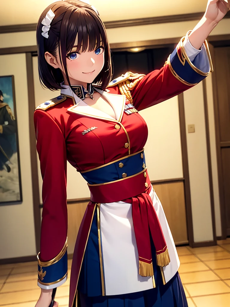 8K High Resolution、(((masterpiece)))、Anime Art、20 year old beauty、Fearless smile、Redhead short cut、167㎝、Small breasts、Blue Eyes、Imposing eyebrows、(((crimson military uniform)))、Vienna in the late 19th century、Austrian Army Officer、Silver rose ornament on chest、Hang a Japanese sword on your waist