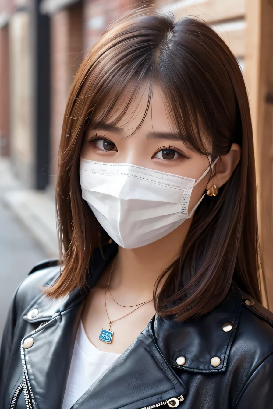 Beautiful Young Woman of the Year、 Korean women、Brown Hair、Necklace around the neck、leather jacket、shirt、Mask on mouth、Intricate details, Very detailed:1.2), 、 Looking into the camera,The background is the town、ear piercing
