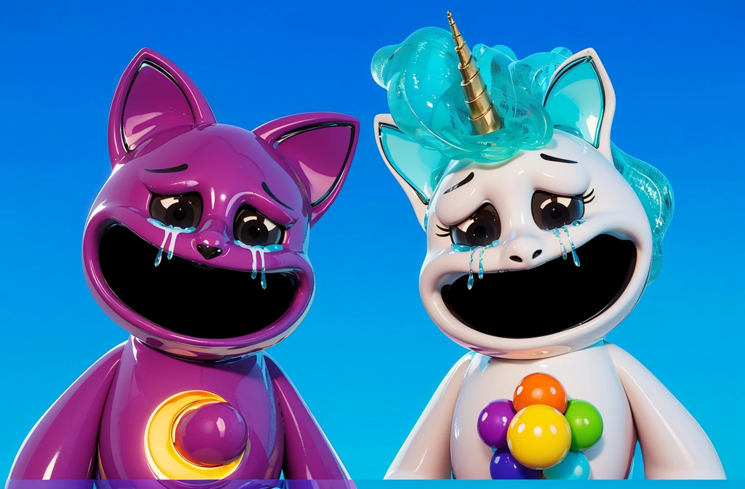 clouds, A 3D, glossy scene featuring two adorable latex-like purple cats with a shiny, plastic finish. The cats have large, expressive eyes and are positioned playfully on fluffy clouds in the night sky. The lighting is realistic, highlighting the glossy, reflective surfaces of the cats clouds and creating a vibrant, magical atmosphere. The overall clouds effect is smooth and polished, with the latex clouds and plastic textures enhancing the whimsical and lifelike appearance of the characters. cloudscartoon keyframe rendering, cute 3D rendering,,Create ultra sharp цветной рендеринг zbrush. perfect cgi, cgi art created only with gradients, smooth silhouette, Create ultra sharp skin, high intensity refraction, (plastic material), most beautiful vfx, blue background, plastic refractions, glossy texture, smooth 3d model, multiple light sources, rim light, sharp post effects render, (glossy plastic texture with multiple big light probe refractions), perfect cgi, cgi art created only with gradients, smooth silhouette, high intensity refraction, (plastic material), most beautiful vfx, blue background