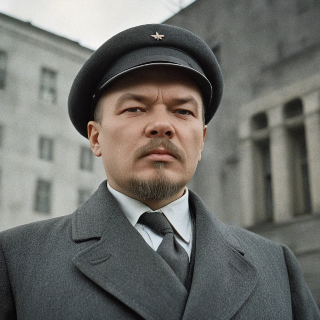 Vladimir Lenin, the Russian revolutionary leader, standing confidently in front of a historical backdrop. He should be wearing his iconic suit and cap, with a determined expression on his face. The background could include elements of early 20th-century Russia, such as revolutionary posters or a scene of a political rally.