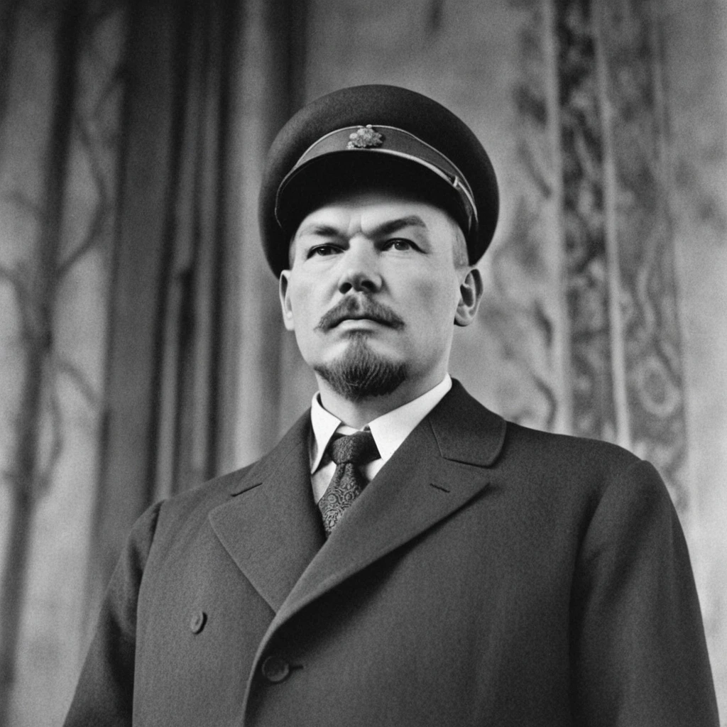 Vladimir Lenin, the Russian revolutionary leader, standing confidently in front of a historical backdrop. He should be wearing his iconic suit and cap, with a determined expression on his face. The background could include elements of early 20th-century Russia, such as revolutionary posters or a scene of a political rally.