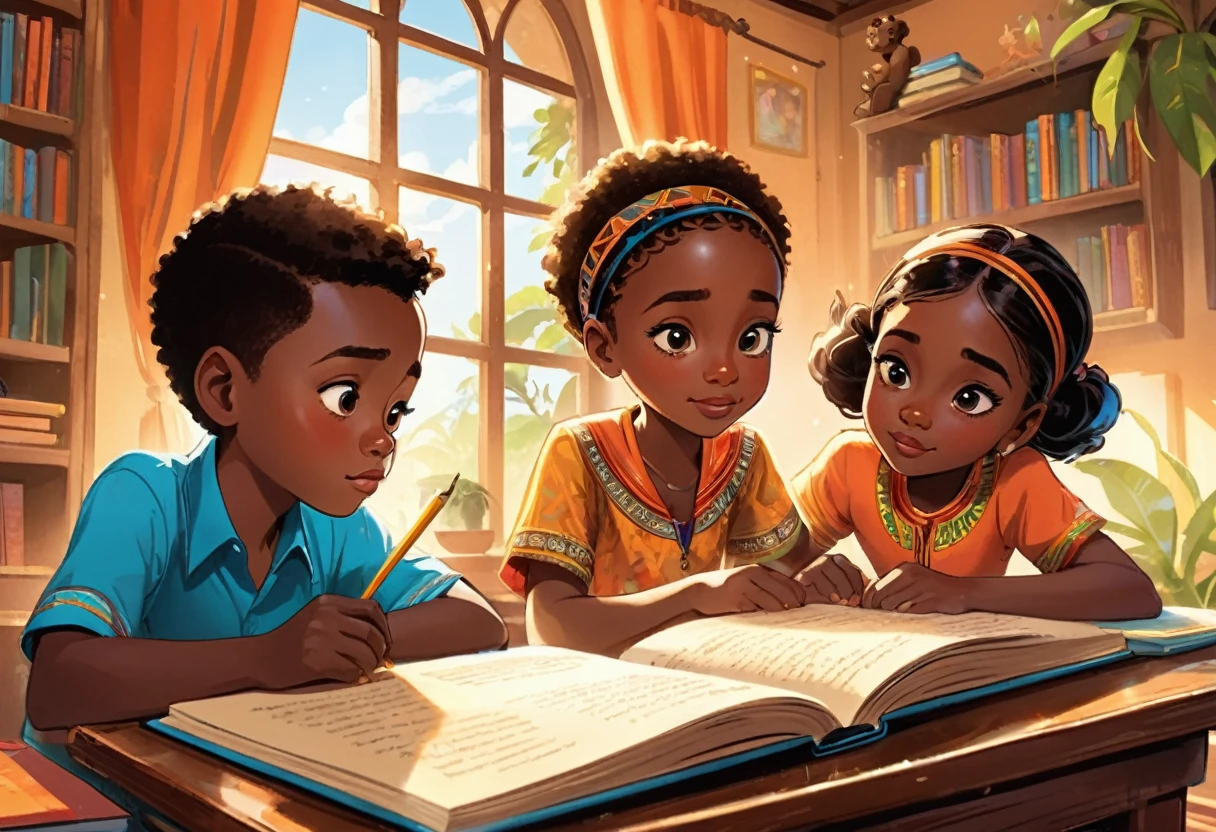 Two boys and a girl of , (African) reading a book in a beautiful classroom (masterpiece best quality:1.2) delicate illustration ultra-detailed, (disney-related event) indoor, (classroom), detailed background, illustrations, bright, colourful,