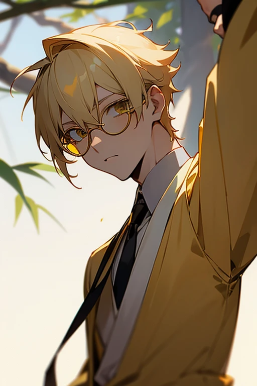 (Male student.tree) Short blonde hair, male from the anime Murder Classroom. Fashionable yellow tinted lens glasses Japanese classroom anime
