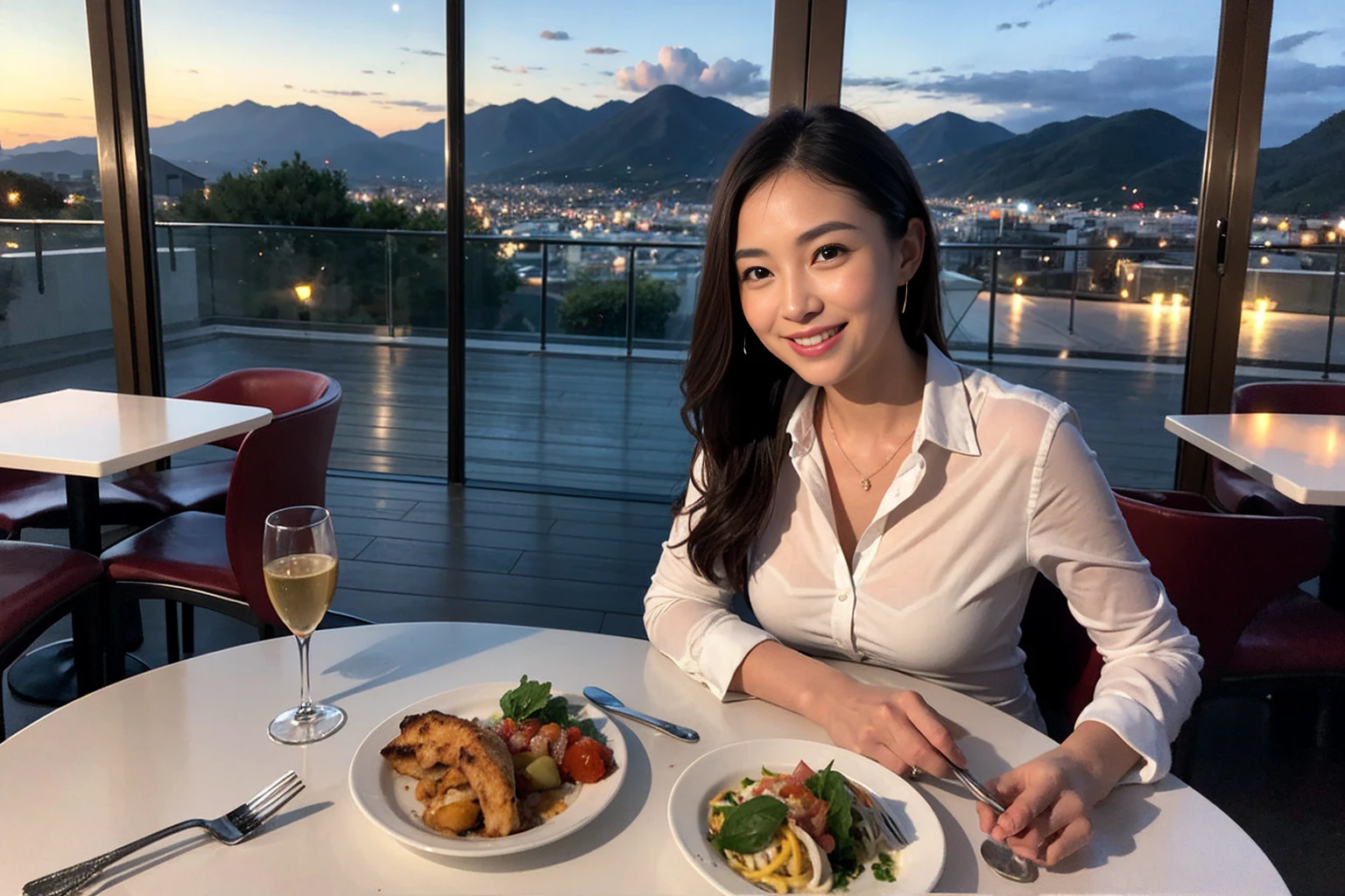((highest quality、8k、masterpiece:1.3))、1 male、1 female、spouse、Beautiful couple、smile、full-course dinner (Slim face), (the body is スリム), (Brown Hair), (Shortcutsヘアー), テーブルの上のwine glass、Please shine a light on my face、 Amazing view of the sunset sky and clouds、Amazing mountain views、The beauty of a smile、Bright image、Blushing, Shortcuts,Bright Face、 (42 years old), 39 years old, red wine 、Appetizers、Italian food、Wine bottle、Champagne、sparkling wine、Long sleeve shirt、dress、Attractive beauty、restaurant, Nova Frog Style, actress, model, Upper Body, White wine, red wine, wine glass, 