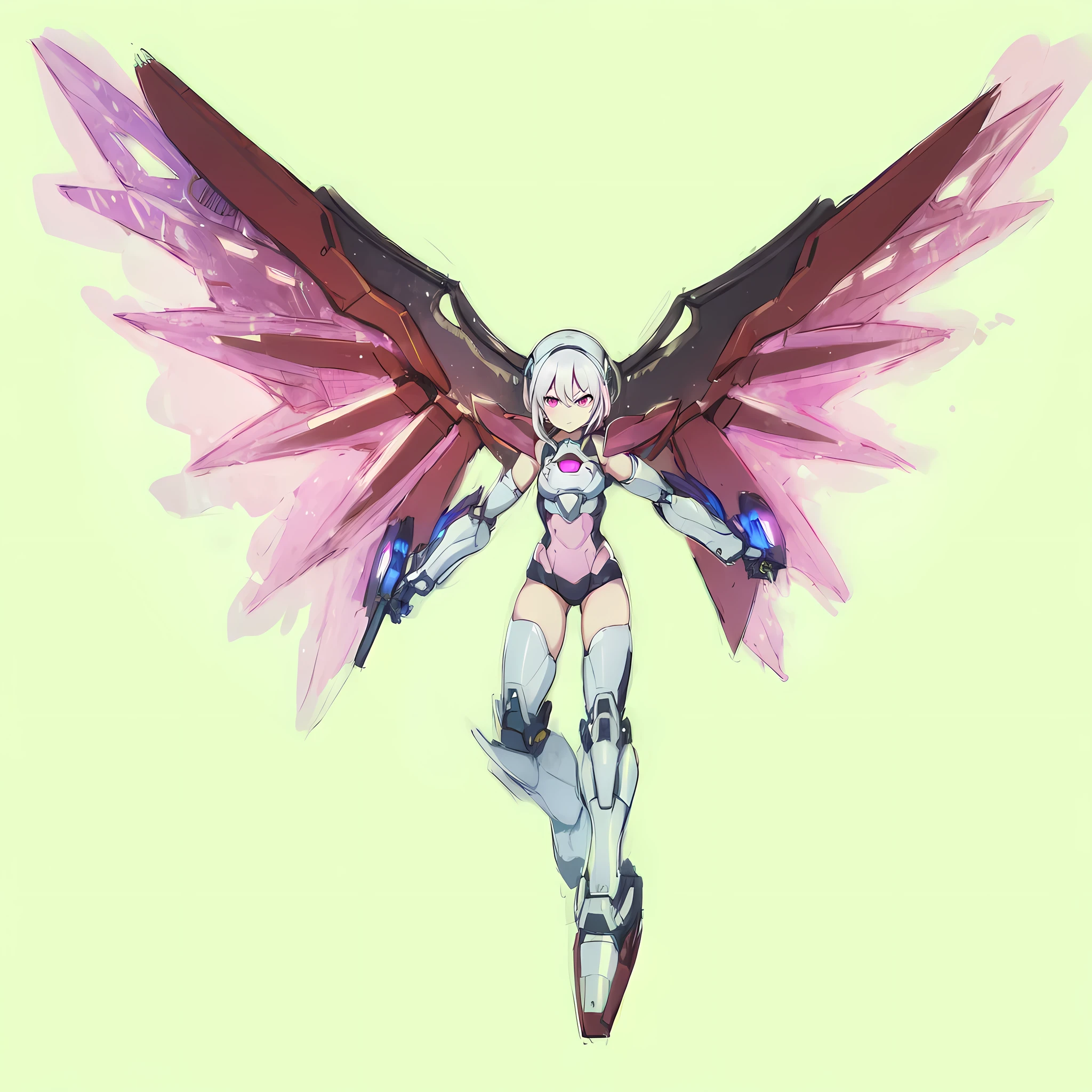 1girl, mecha musume, mechanical wing, pink wing, glowing wing, white hair, pink eyes, serious face, light armor, pink armor, 